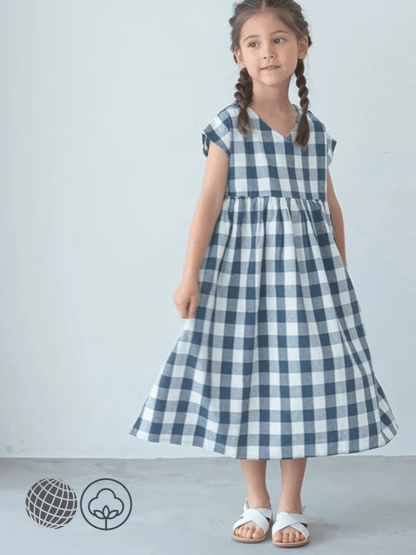 Kids Cotton Plaid V-Neck Dress blue    Girls Retro Summer Children's Casual Loose Japanese Short-Sleeved Japan Linen Dresses for trending Girl in white