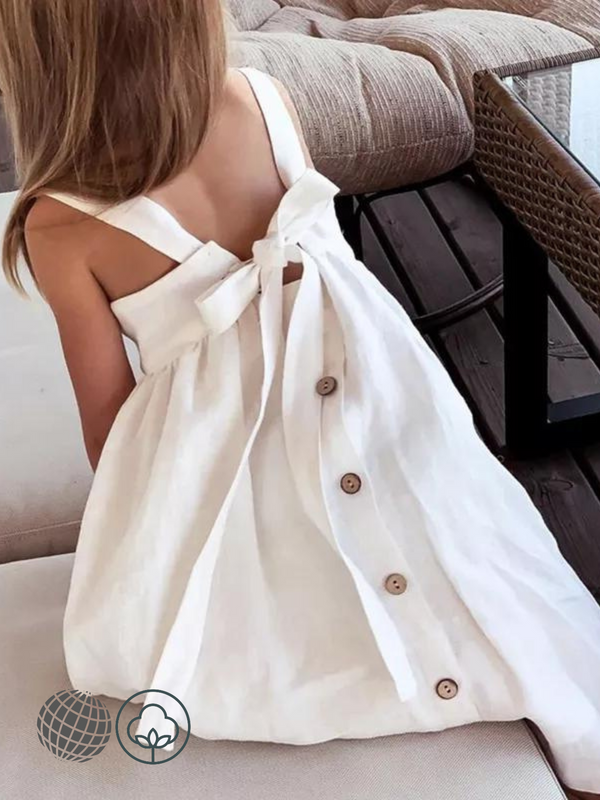Kids Suspender Dress   Girls' Cotton And Linen Sleeveless with Adjustable Shoulder Straps Summer Casual Pocket Childs Back Button Bow tie Dresses for trending girl in White