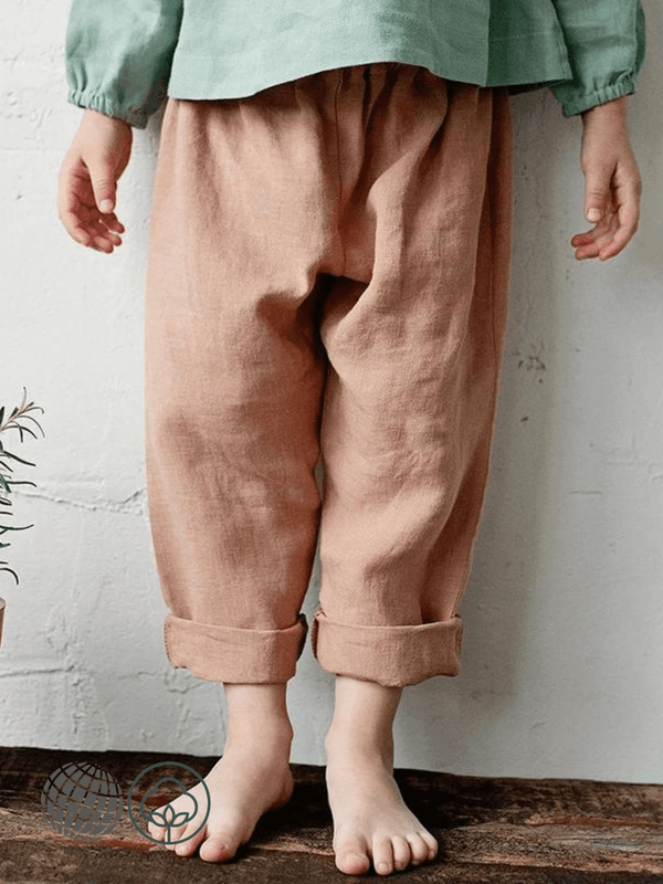 Mori Cotton Linen Pants   Anywear Unisex Boys And Girls Retro Straight Summer Elastic Waist Loose fit Casual Pant with Pocket trending Children's Trousers in Dusty Pink