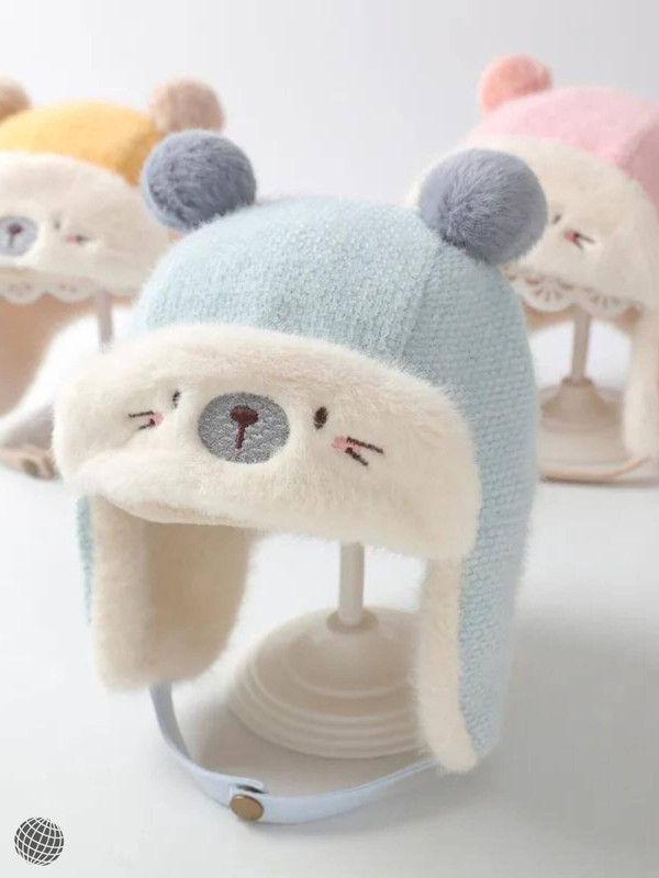 Bear Pattern Ear-Warmer Hat   Anywear unisex Baby Autumn Winter Cute Infant Toddler Cartoon Thickened Plus Velvet Children's Boys And Girls Hats trending Kawaii Headwear in Blue Pink Yellow