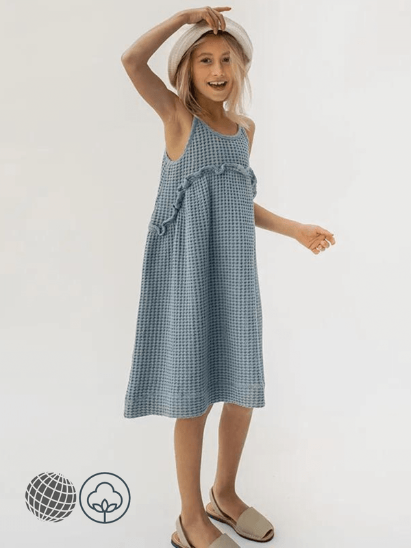 Kids Waffle Cotton Sleeveless Dress   Girls Summer Teen Beach Spaghetti Strap Dresses With Frill Holiday Vacation Getaway Outfit for trending teenage girl in dusk blue