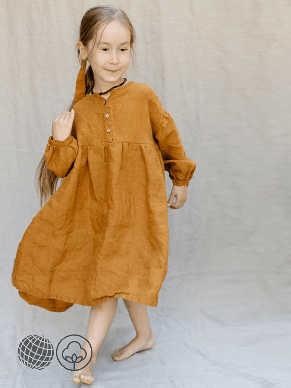 Kids V-Neck Button Dress in Linen     Girls Vintage Long-Sleeved 100%-Linen Autumn Solid Color Children's Crewneck round Buttons Casual Loose fit Mid-Calf A-line Dresses for trending Teenage Girl in Ginger yellow