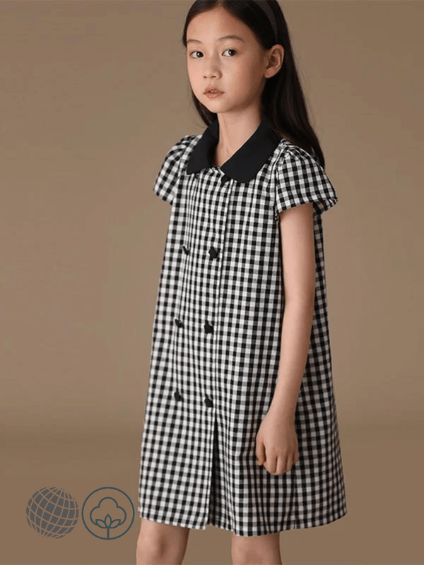 Kids Plaid Dress   Girl's Classic Black And White Summer Doll Collar Double-Breasted Vintage Elegant trending Princess Dresses