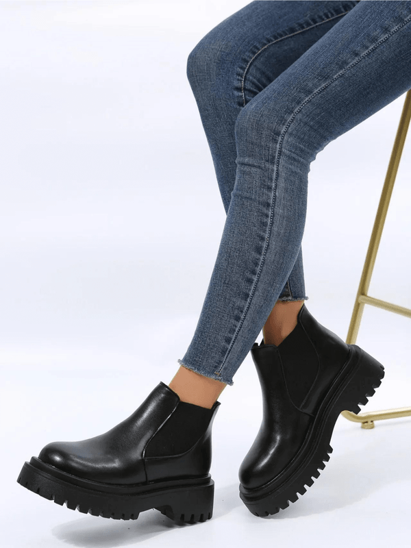 Chunky Chelsea Boots   Women’s Autumn Winter Vegan PU Faux Leather Platform Ankle Booties womens Punk Thick Bottom Slip On Combat Footwear for trending Woman in black