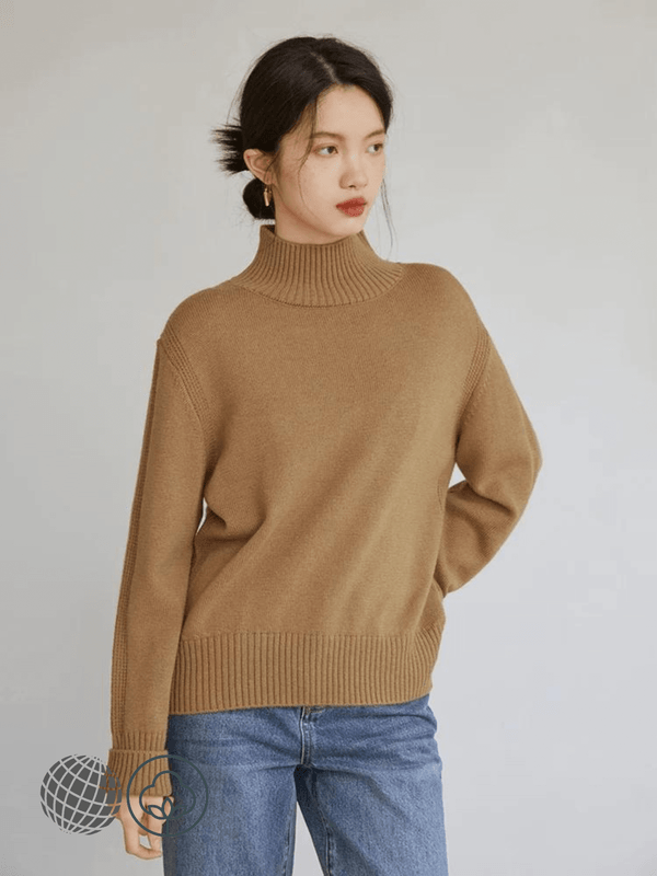 Turtleneck Rib Sweater brown   Women's Mockneck High Collar Vintage womens petite size Autumn Winter Slouchy Soft Waxy Outwear Knitted Full Sleeve Workwear Tops Ribbed Sweaters for trending woman in light tan camel color