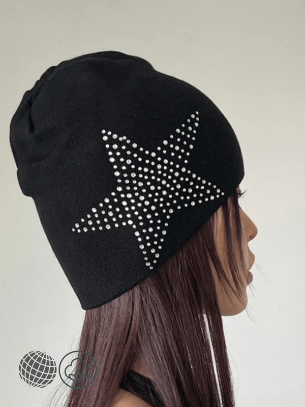 Diamond Set Beanie  Women’s Spicy Girl Pentagram Hot Head Cap Star Beanies Fall and Winter Cotton Knitted womens Caps Cold Warm Wool Double-layer Breathable Hats Star Headwear for woman in trending Black