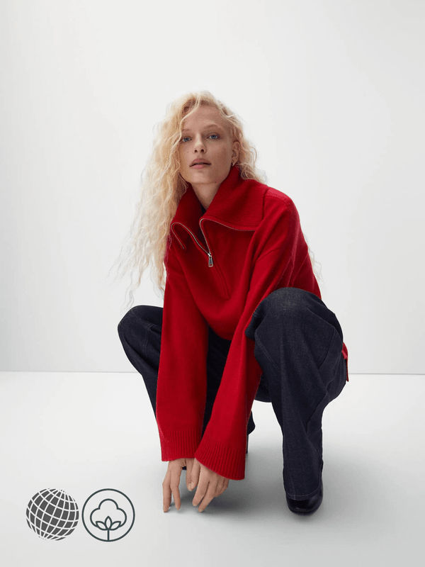 Zip Polo Sweater   Women's autumn casual shirt top womens cotton knitwear with zip-up POLO wide collar ribbed band sweaters Petite size tops for trending woman in red