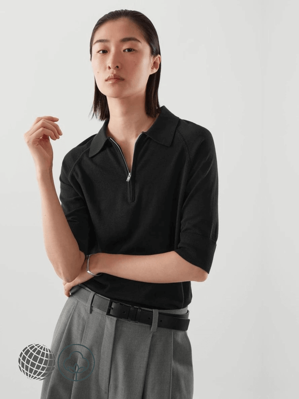 Zip Polo Shirt   Women's casual autumn womens half-sleeves petite size tops standard silk cotton blended half zipper POLO shirts for trending Woman in black