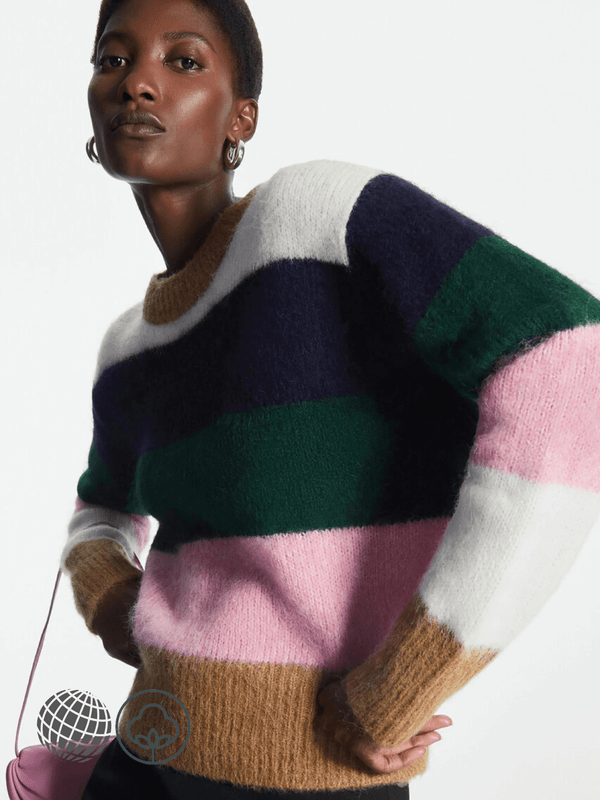 Mohair Crewneck Sweater  Women's casual winter petite size womens striped patchwork tops alpaca wool blend round o-neck ribbed band sweaters for trending woman in pink