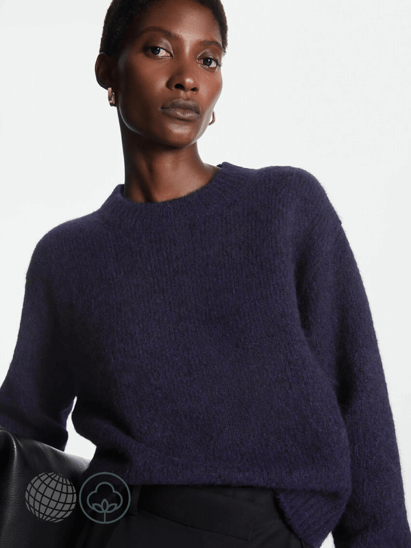 Mohair Crewneck Sweater blue  Women's casual winter petite size womens striped patchwork tops alpaca wool blend round o-neck ribbed band sweaters for trending woman in dark navy