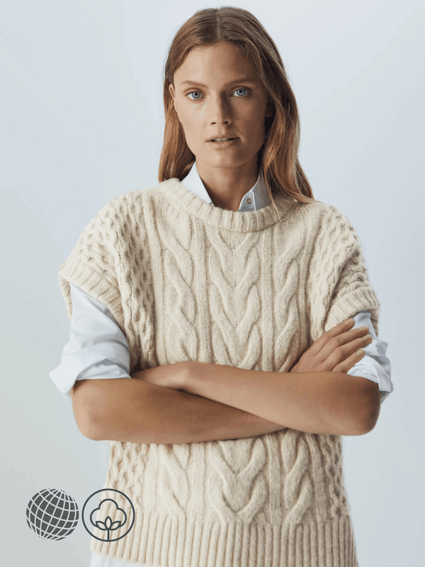 Cable-Knit Sweater Vest khaki   Women's casual autumn spring crew neck round o-neck sleeveless twisted flower cotton blend stitch knitted petite size womens workwear tops Sweaters Loose fit vests for trending woman in beige
