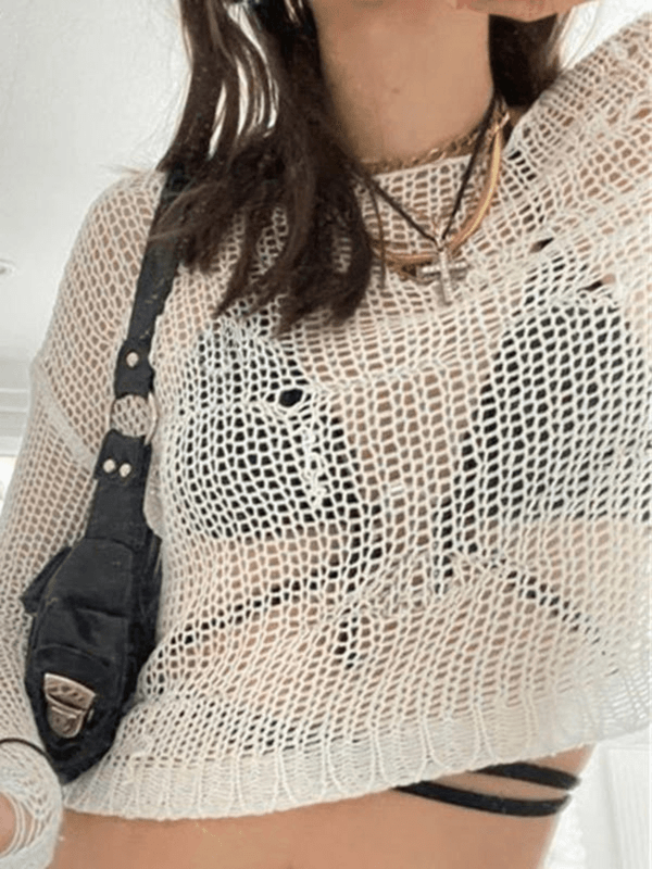 Hollow Out Crochet Sweater  Women’s Pullovers Loose White Full Sleeve Knit Indie Smock womens Jumpers Korean Fashion Streetwear Women y2k Tees Cropped Sweaters for Woman in white