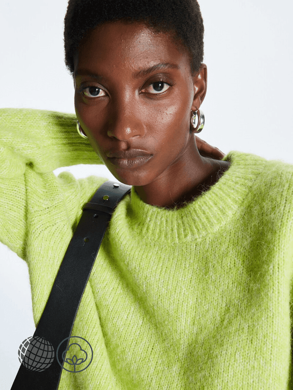 Mohair Crewneck Sweater green  Women's casual winter workwear petite size womens striped patchwork tops alpaca wool blend round o-neck ribbed band sweaters for trending woman in lime-green yellow