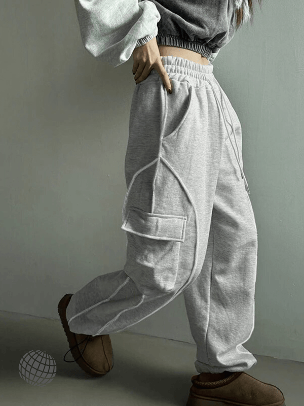 Harajuku Cargo Pants  Women’s Streetwear y2k Pocket Solid Grey Elastic Low Rise womens fitness sports Jogging Sweatpants Korean Sportswear Fashion Trousers for trending Woman in gray