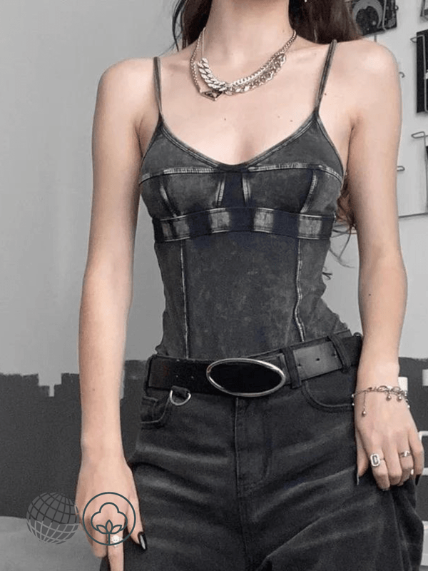 Denim Crop Top   Women’s Y2k Grunge Elastic Vintage womens Goth Streetwear Stitched Sleeveless Cargo Tees Casual Summer Punkrock gothic Camisole Tops for trending Woman in black