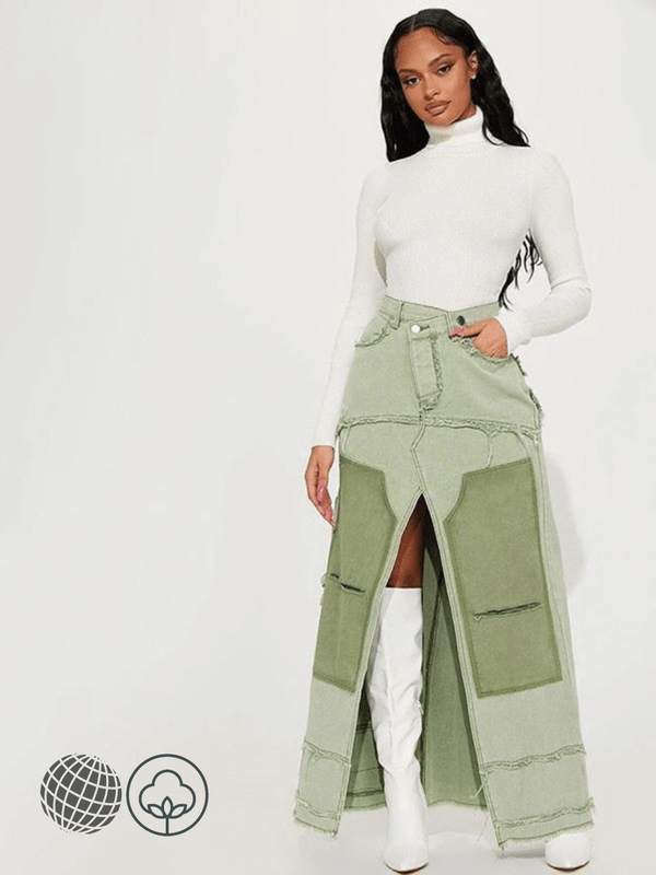Contrast Split Denim Skirt  Women’s Y2k Cowgirl Cowboy Chic Patchwork Loose Low Rise Long womens Skirts Women Fashion Street Style Clothing Grunge 90s for trending Woman in Green