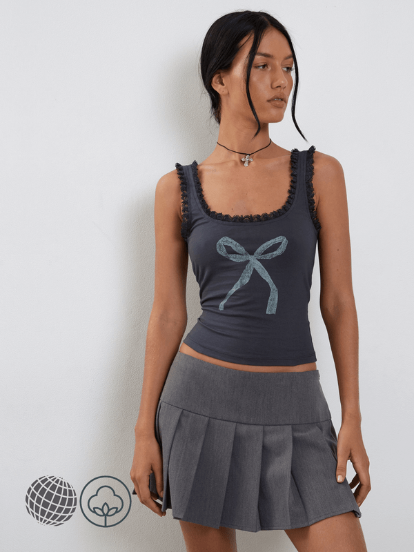 Lace Ruched Crop Top gray   Women’s Cropped Halter y2k Bow Print Vintage Sleeveless Strap Tank Tops Womens 2000s Harajuku Basic Tees Ladies Summer fashion for trending Woman in Dark Grey