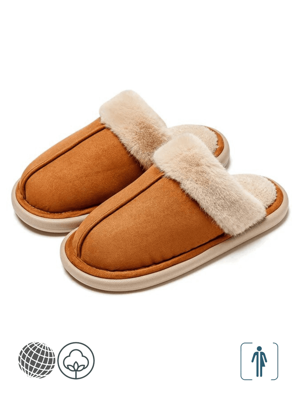 Vegan Fur Suede Slippers   Genderful Anywear Unisex Women’s Men’s Winter Soft Sole Cozy Plush Slides Warm faux Furry Slides Home Indoor Cotton mens womens Footwear for man woman in trending tan brown