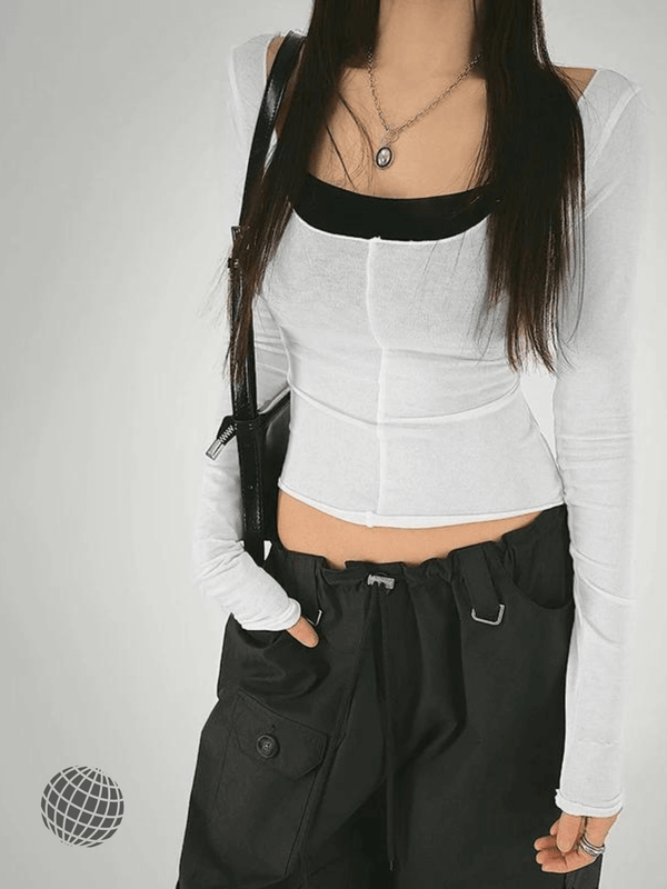 Scoopneck Crop Top 2-Piece  Women’s Korean Style Two Piece Casual Full Long Sleeves womens T-shirts and Skinny Camis Chic Streetwear Tees Shirts y2k spring summer Tops for trending Woman in white with black