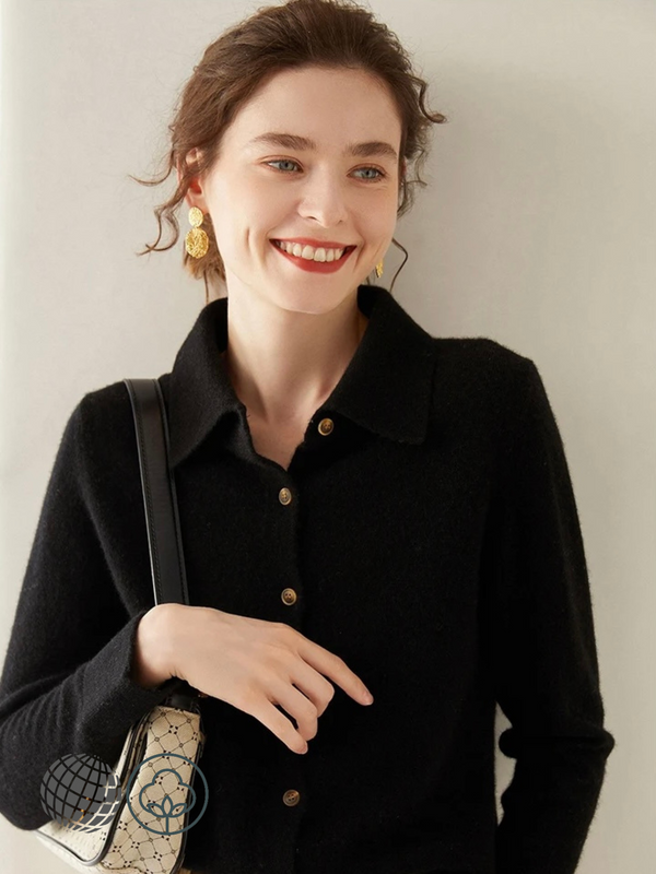 Cashmere Shirt black  Women's Plus size POLO Neck Knitted Autumn And Winter womens Sweater Cardigan Long Sleeve Warm Casual Lapel Shirts for trending Woman