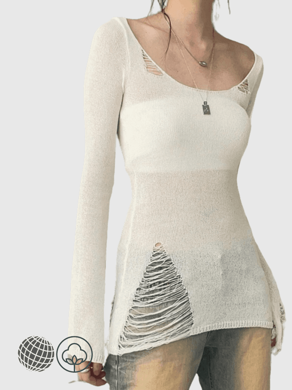 Rip Boatneck Top white  Women’s Vintage y2k Indie Ripped Autumn and Spring Tees Casual Hollow Out Long Sleeve Slim-fit Knitted womens T Shirts Streetwear Chic T-Shirts Crop Tops for trending Woman