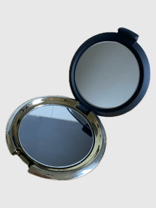 Compact Vanity Mirror   A vintage classic cosmetic make-up travel getaway vacation holiday round folding latch closure beauty skincare mirrors in black non-slip with golden metal collectors antique collectible trending fashion style