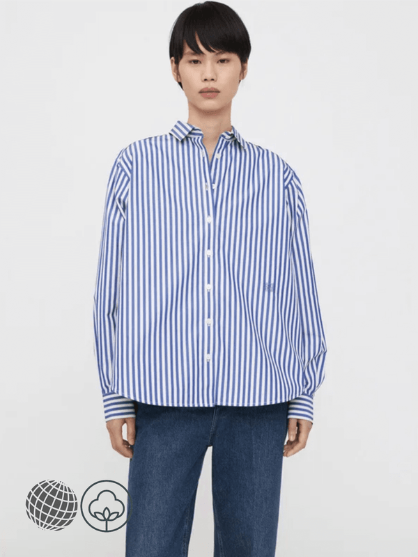 Striped Shirt blue   Women's Spring summer Casual Commuting Workwear Loose Turn-down point Collar Long Sleeves womens petite size cotton A-line Shirts for trending Woman