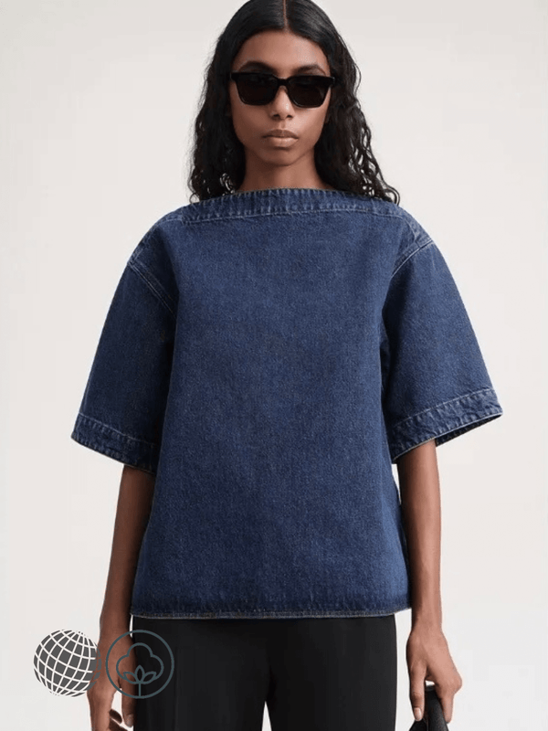 Slashneck Denim Top  Women’s Deep Dark Blue Cotton Shirt One Line Short Sleeves Blouses womens T-Shirts Tops for trending Women Autumn Winter and Spring