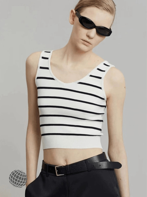 Minimal Boatneck Tank Top    Women’s FrankieSHOP Striped womens petite size Vest Spring Summer Minimalist Commuter workwear Versatile Slim-knit Scoopneck round neck sleeveless Cropped Suspender Tops for trending Woman in black and white