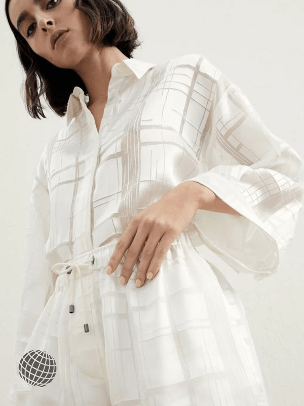 Semi-Sheer Silk Shirt 2-Piece Set    Women’s BC@ Slightly Transparent French Look Spring Summer Checkered Heavyweight Top Womens Commuter workwear Shorts + Shirts 2 Piece Semi-Translucent Outfit sets for trending Woman in white