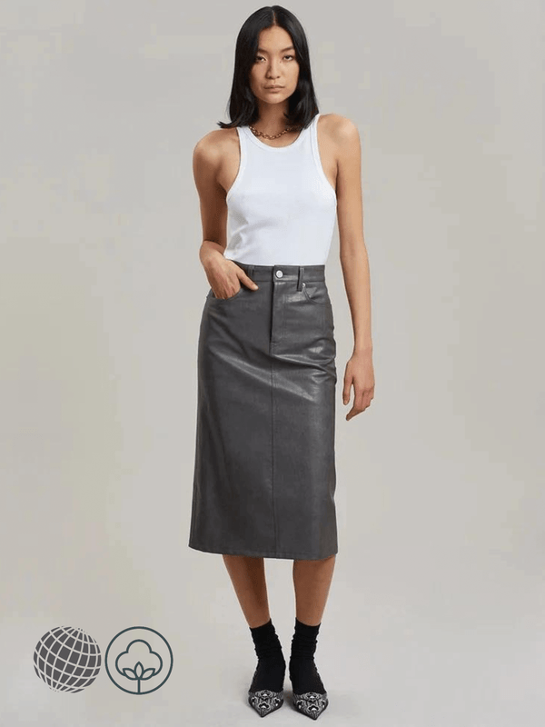 Vegan Leather Skirt gray     Women’s Fr@nkieSHOP Elephant Tattoo Wash Faux Pu-Leather Denim Temperament High Rise waist Bag Hip womens Autumn Winter Spring Skirts for trending woman in dark grey
