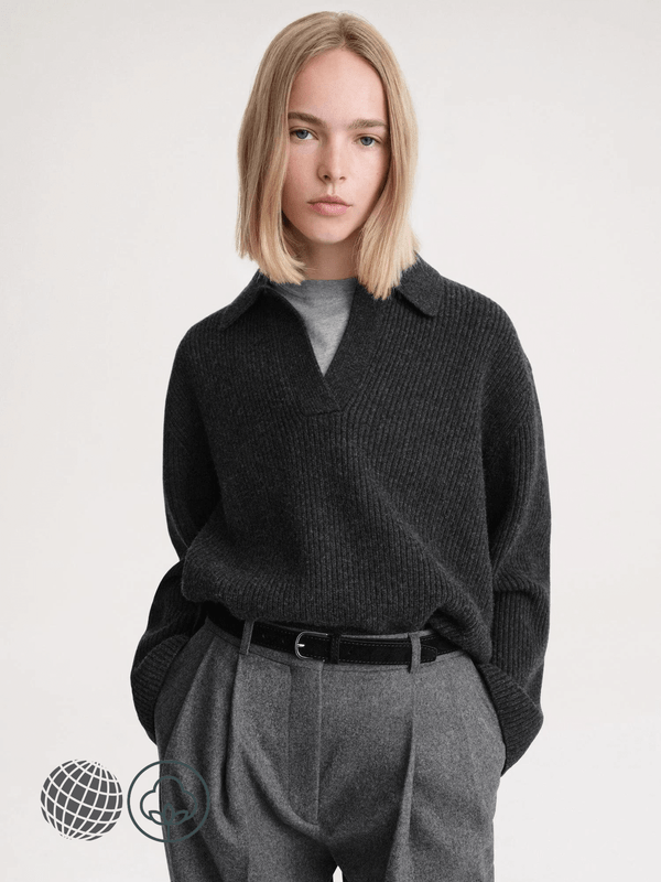 Polo Rib Top  Women’s TT Nordic Niche Autumn Spring Ribbed turn-down POLO Collar Lazy Slim Knit womens Sweaters Woolen petite size long sleeves T-Shirts workwear Tops for trending Woman in black Norway Scandinavia Scandinavian Norwegian fashion