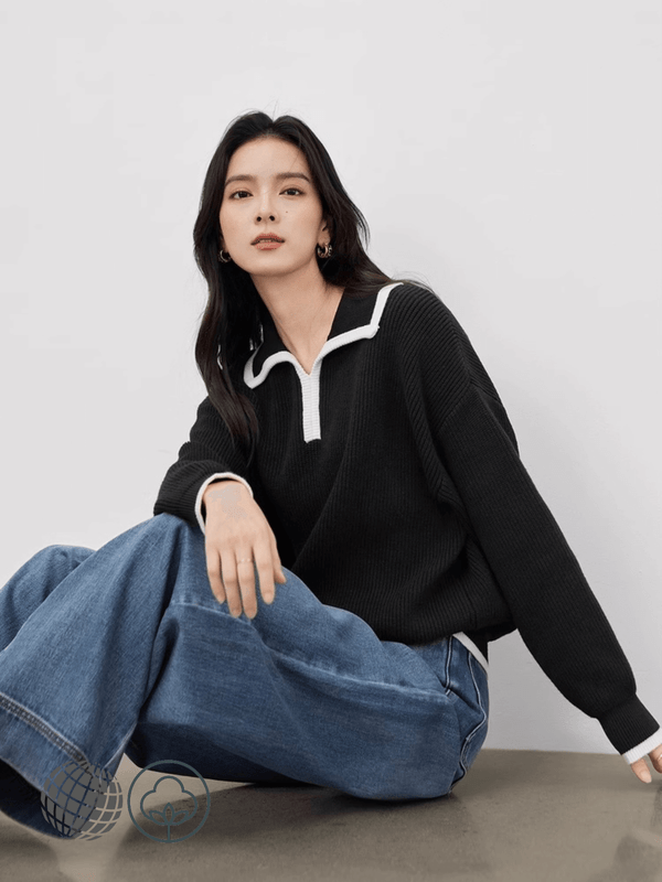 Wool Knit Polo Top black   Women's Pullover with White Edge POLO Collar Woolen Loose Long Sleeves Knitted Tops Winter Thickening ribbed Cashmere Shirts for trending Woman in black Low Classic womens Sweaters