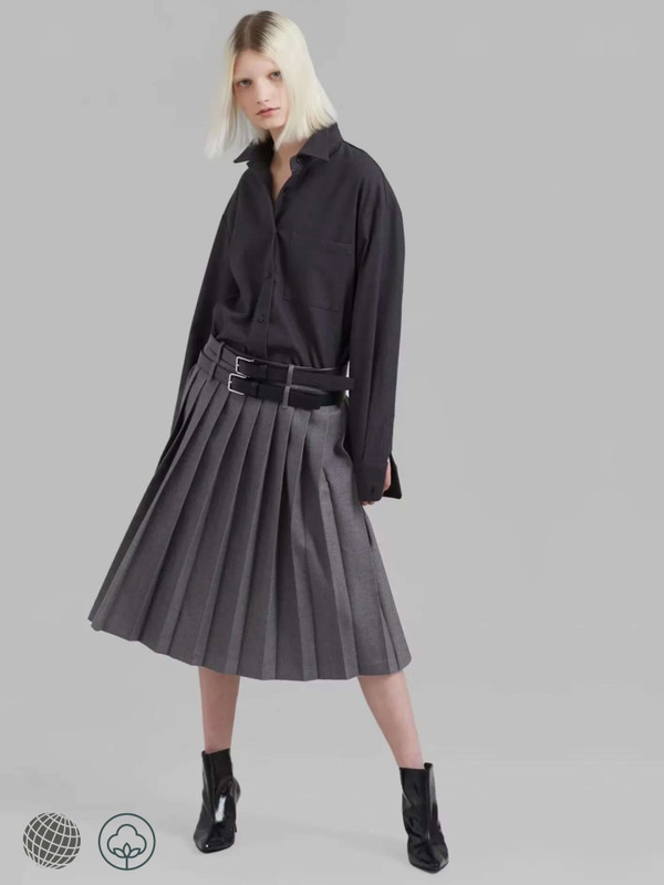Retro Pleated Skirt gray   Women’s Punkrock indie gothic FrankieShop niche pleated double waistband womens European and American style A line mid-calf petite size skirts (excluding belt) for trending woman in dark grey