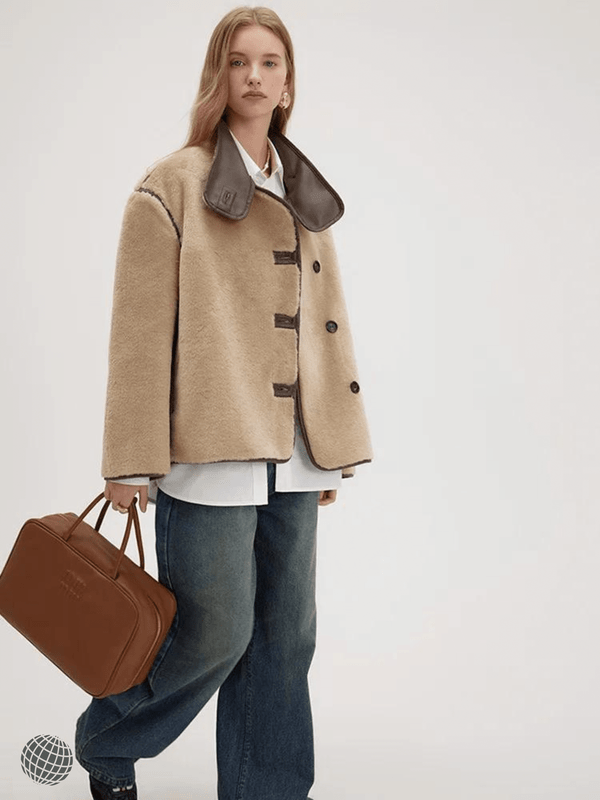 Vegan Toggle Jacket khaki    Women’s Faux Lamb Wool Suede Stand-up Collar single-breasted button-up Jackets Warm Loose Color Collision Pu Leather Splicing Warm Womens shearling workwear Coats Outerwear for trending woman in light brown Autumn Winter Spring Ladies Fashion