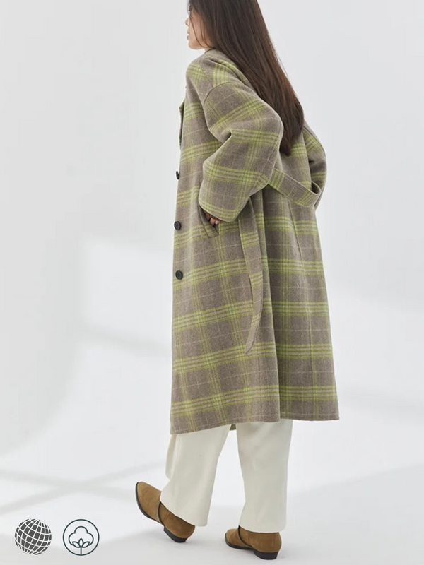Les Hébrides Reversible Wool Coat     Women's Fresh Plaid Loose Tie womens Bathrobe Section, woolen Tweed Jacket, Suit Collar, Minimalist Winter Coats Outerwear for trending woman in green with belt, Bl * Mi
