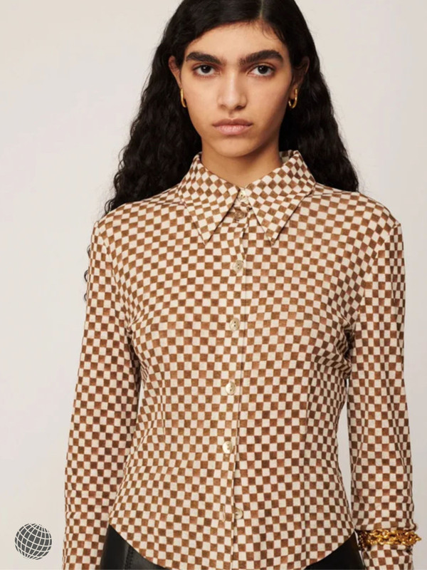 Checker Top   Women's Undercoat Check Print Autumn Winter Spring High Turtleneck mockneck Neck Long Sleeves T-shirt womens petite size checkered T-Shirts Tops for trending woman in beige brown