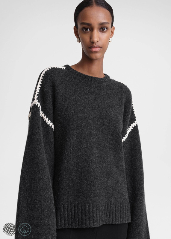 Embroidered Wool Cashmere Knit gray Women's Woolen Pullover Sweater Womens Spring Casual Loose Color Collision Embroidery Crewneck Round O-Neck Cotton Knitted long sleeves ribbed band hem workwear Tops Y2k Sweaters for trending woman in white with Dark grey with white trim VC