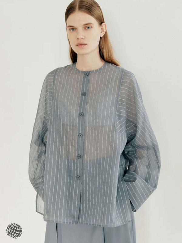 No Collar Striped Shirt   Women’s Round Neck Printed Female top, Long-Sleeves Loose Casual Versatile Silk Tops, Spring and Summer womens button-up semi-transparent Blouse, See-through Shirts for trending woman in Gray grey