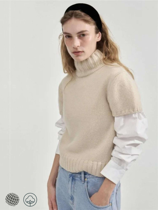 Mockneck Sweater cream   Women's Wool knitted Short Sleeves Pullover Spring Loose Slim Half High Neck Knit womens woolen Sweaters Tops for trending woman in creamy-whiteY2k Streetwear Clothes Th*Bar*net