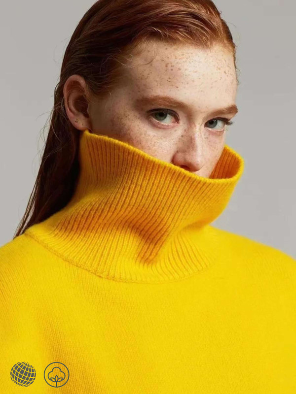 Turtleneck Rib Sweater    Women's Ken Dou Same Wool Knit High Neck workwear Pullover Slouchy Coarse woolen Knitted ribbed womens pullovers Petite size relaxed oversized Sweaters for woman in yellow Fr@nkieShop