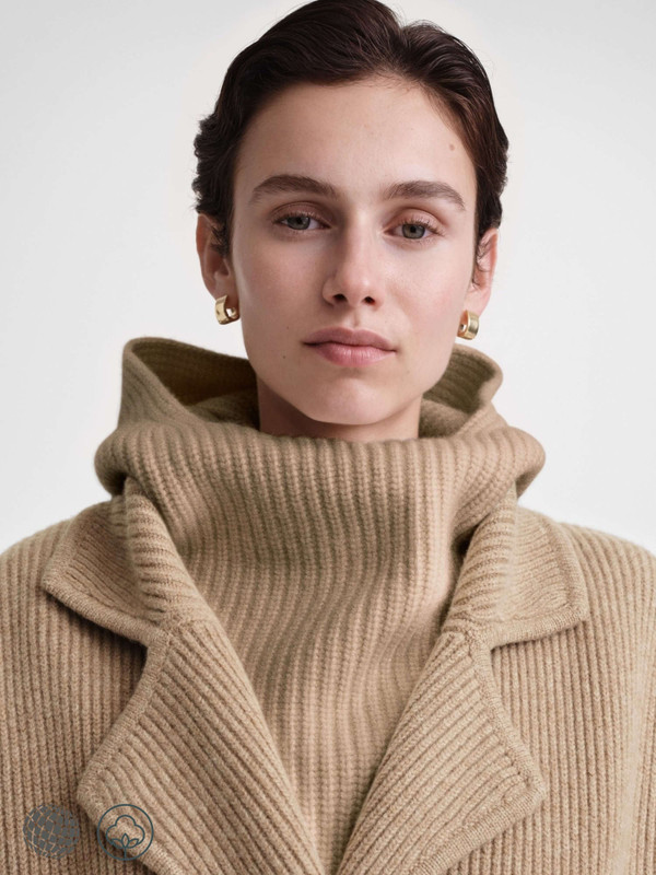 CashSoft Hooded Scarf    Women's Spring Rib Blended Woolen cashmere blend Knitted Hooded womens Shawl Ribbed Scarves for trending woman in Khaki brown biscuit