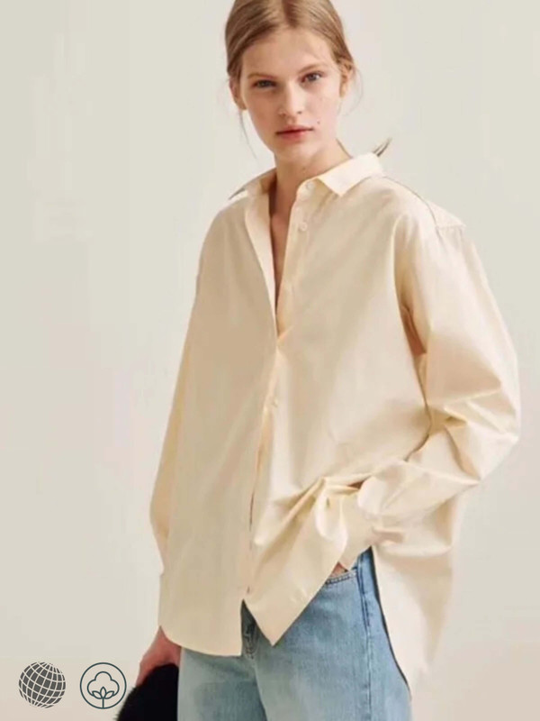 Capri Shirt   Women’s silhouette front short back long vertical Turn-down point collar womens loose long sleeve button-up single-breasted commuter workwear style petite size shirts for trending woman in beige
