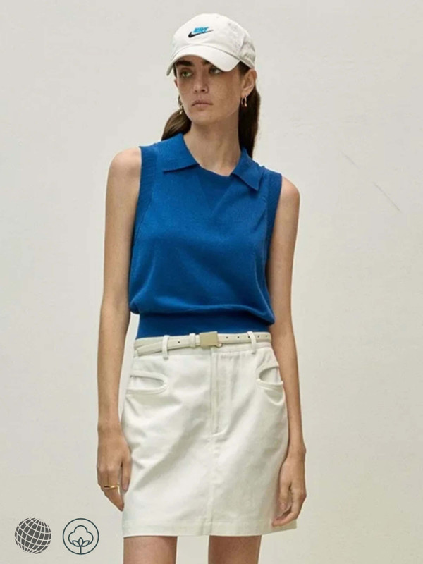 Knitted Polo Shirt Women's Spring Summer Casual Versatile Cotton Polo-Collar Sleeveless womens Tops Shirts for trending woman in blue