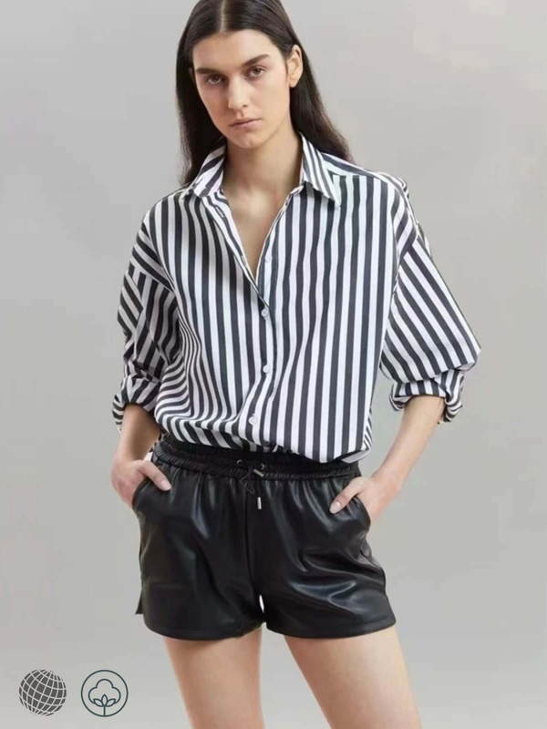 Stripe Cotton Shirt black  Women's Design Sense Small Silhouette Vertical Striped Printed womens Blouses Turn-down collar button-up long sleeves with band button cuffs Commuter workwear Style Shirts for trending woman with white stripes