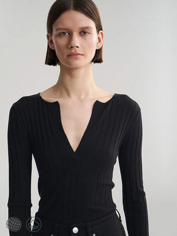 V-Neck Sweater black    Women's Base Round crew neck Ribbed Shirts, Wool, Silk, Cashmere rib knitted, Slim, Elastic, Casual, Knitwear, petite size womens Pullovers, Sweaters Blouses Tops for trending woman, Autumn Spring season T-Shirts fashion
