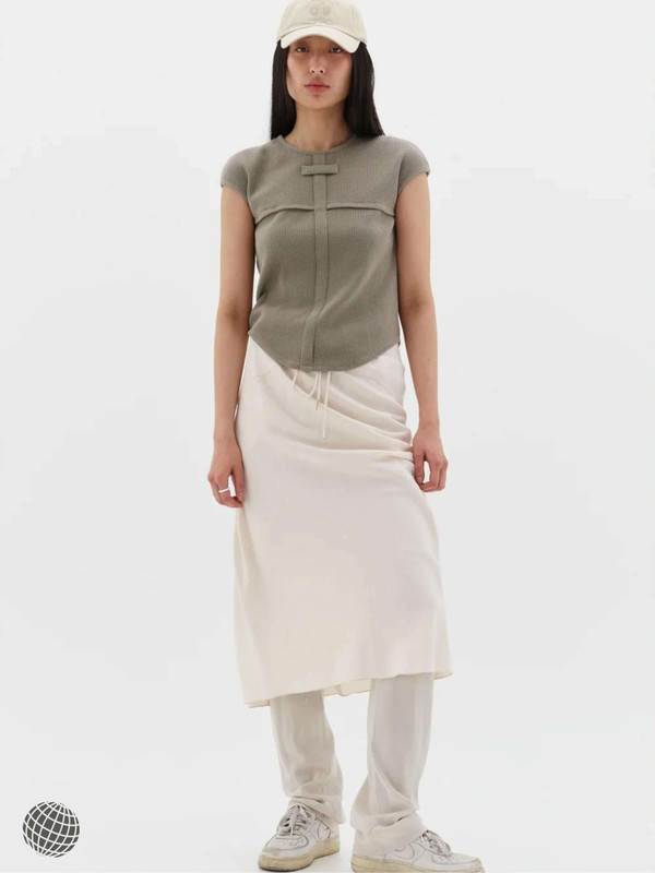 Half-body Skirt cream    Women’s Spring Summer Casual High Rise Waist Splicing Drawstring Waisted womens Half Skirts for trending woman in white