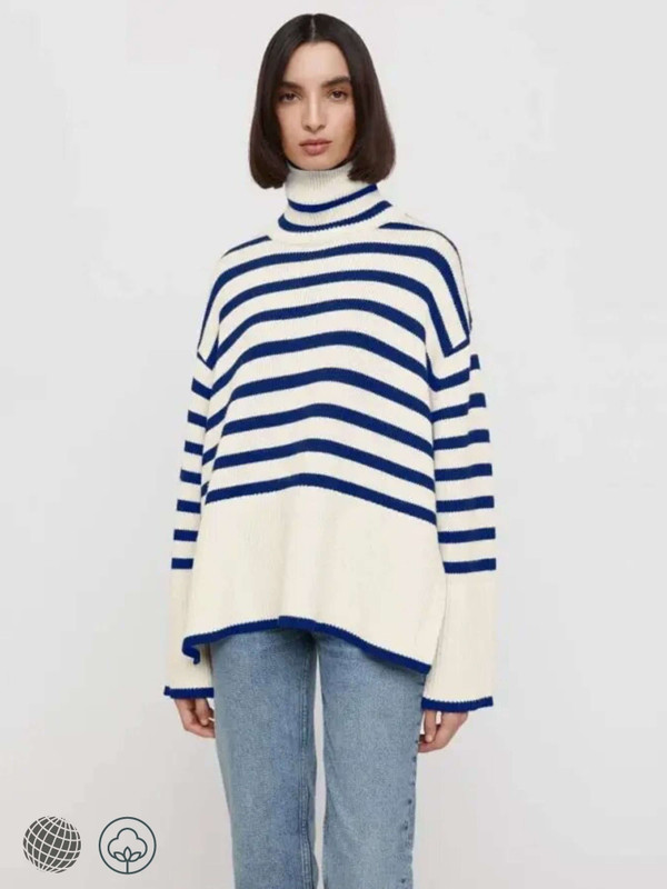 Stripe Splice Turtleneck Sweater blue  Women's High Neck Wool knitted Classic Striped Spliced woolen Knitwear womens rib pullovers Slouchy Top Autumn Fall Winter Spring commuter workwear Ribbed Sweaters for petite size trending woman with white stripes