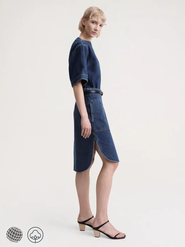Denim Skirt    Women’s Dark Blue Cotton Curved Hem High Waist Versatile petite size side slit womens Half Skirts for trending Woman