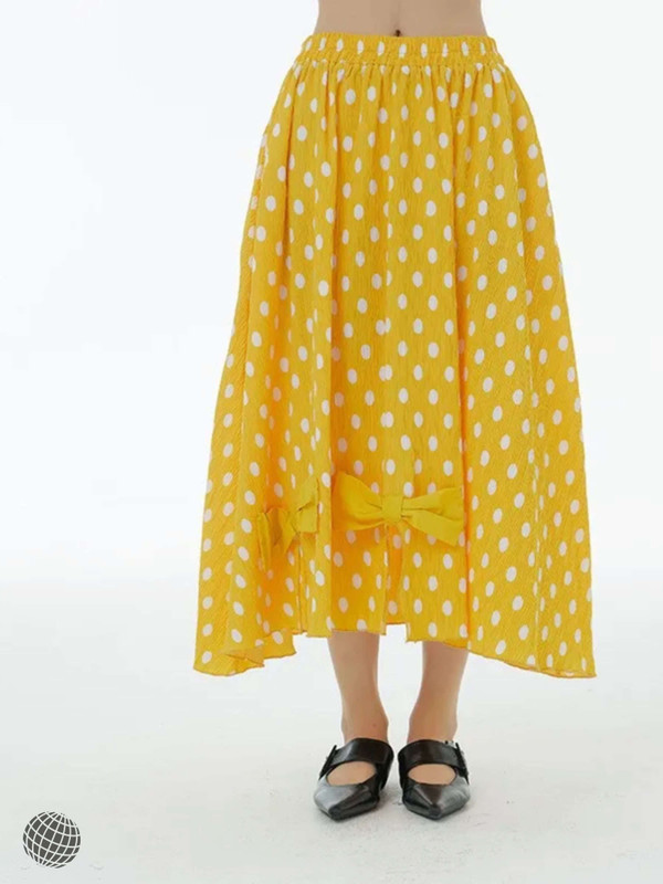 Polka Dot Skirt   Women’s Spring summer loose slimming  dots print bow womens Midi skirts for trending woman in yellow
